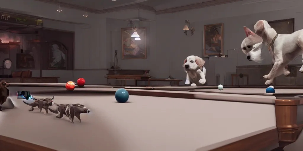 Image similar to dogs playing billiards, cinematic lighting, detailed oil painting, unreal 5 render, 8k