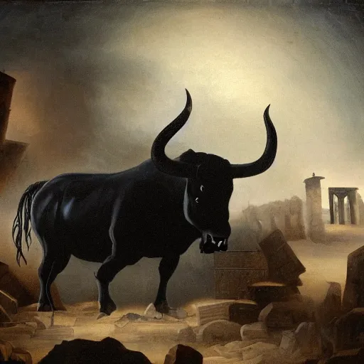 Image similar to A detailed dark painting of a dark raging bull with arms looking aggressive and confused, he is surrounded by a ruin, he is floundering, there is a ladder in the background it is going upwards, muffled colours