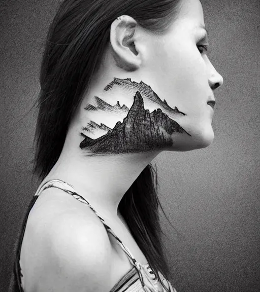 Image similar to tattoo design sketch of a beautiful woman face with an amazing mountain scenery on her side, hyper - realistic, double exposure, in the style of matteo pasqualin, amazing detail, black and white, faded