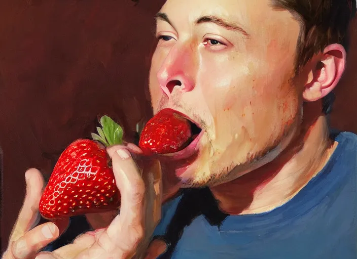 Image similar to a highly detailed beautiful portrait of elon musk eating strawberry, by gregory manchess, james gurney, james jean