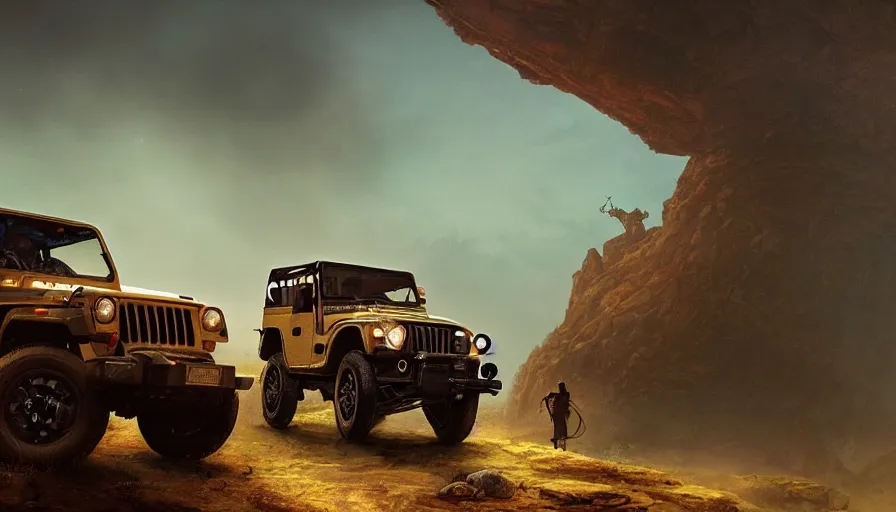 Image similar to Mahindra thar, tribe members watching nearby, an epic fantasy, dramatic lighting, cinematic, establishing shot, extremely high detail, photorealistic, cinematic lighting, artstation, by simon stalenhag, shadow of the tomb rider