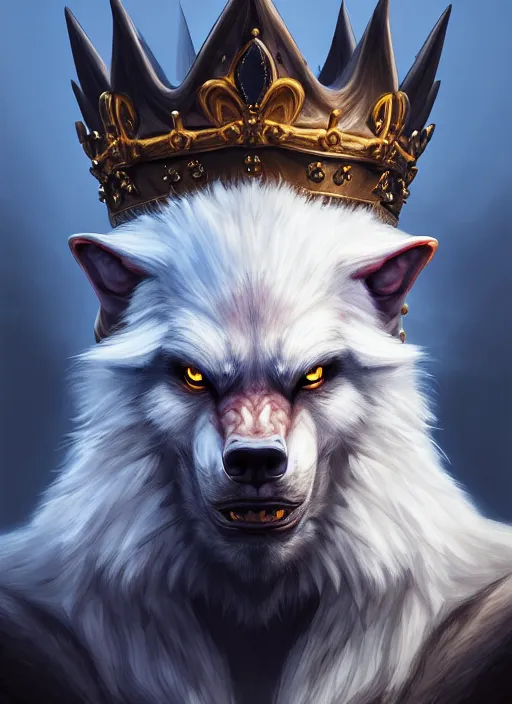 Prompt: portrait painting of werewolf king with crown, acrylic, daz. detailed, portrait, oil painting, artstation, unreal 5, hd, artgerm, dnd, rpg