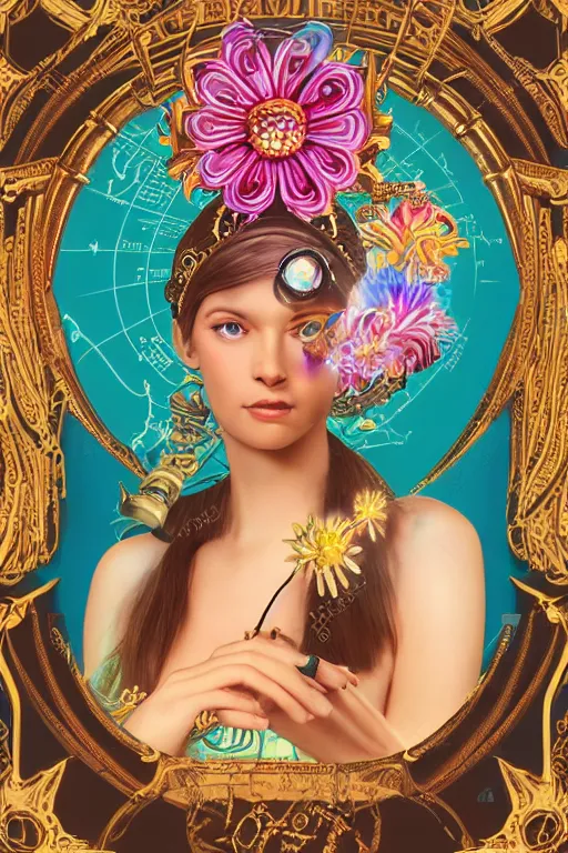 Image similar to opalescent retrofuturistic digital airbrush illustration of an explorer wearing an ornate gpu headpiece and holding a flower with a map of the collective subconscious in the background by luigi patrignani