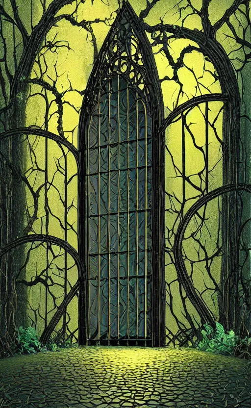 Image similar to beautiful digital painting high quality heavy iron gothic gate in the woods cobblestone ground by Eyvind Earle , ,artstation behance