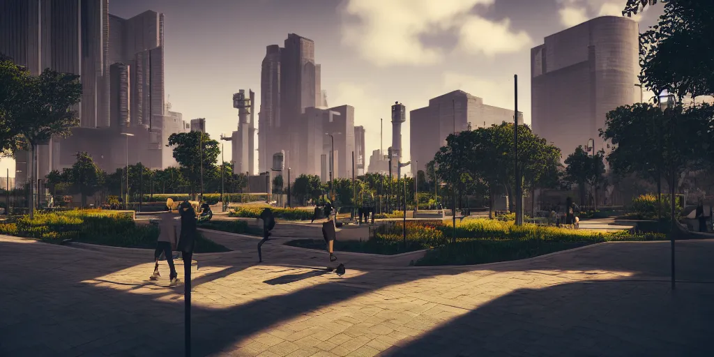 Prompt: modern city center public park, modern landscape architectural design for industrialpunk, cyberpunk, 2077, dramatic lighting and composition, octane render, unreal engine 5, 8k