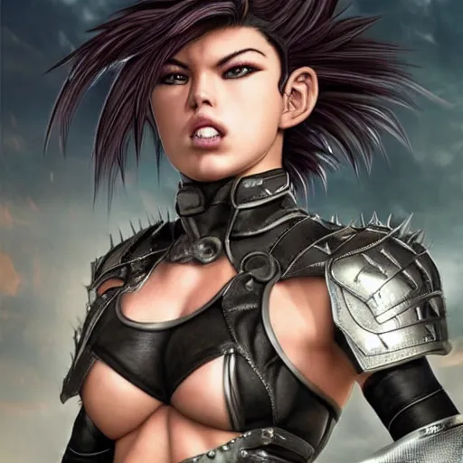 Prompt: warrior girl, muscular girl, wild spiky black saiyan hair, long spiky hair, electrified hair, wearing chrome silver armor and black spandex pants, ultra realistic, intricate details, highly detailed, subsurface scattering, photorealistic, octane render, 8 k, art by artgerm, greg rutkowski, magali villeneuve, alphonse mucha