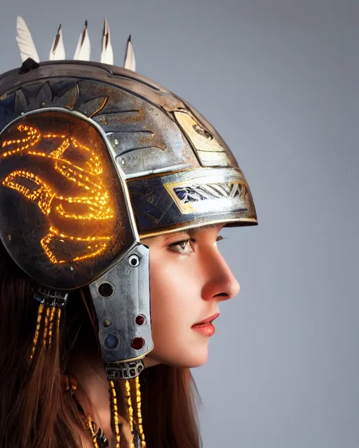 Prompt: centered medium shot fine studio photograph of a beautiful girl wearing only a mecha electronic native American indian helmet with bright lights, ultra-realistic, white background, 8k HDR sunset lit, intricate