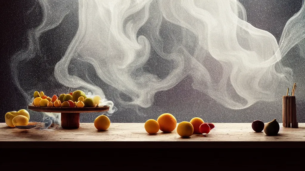 Image similar to we’re all made up stars theme, various fruits on a ornated porcelain plate on a wooden intricated table, ancien abandoned kitchen, detailed, photorealism, autumn rays of light come from the window, diffuse light, smoky background, fluid coloured smoke, octane render
