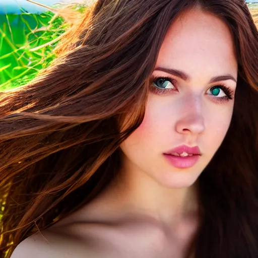 Prompt: Selfie photograph of a cute and beautiful woman with long shiny bronze brown hair and green eyes, 8k, natural lighting, beach background, medium shot, mid-shot,