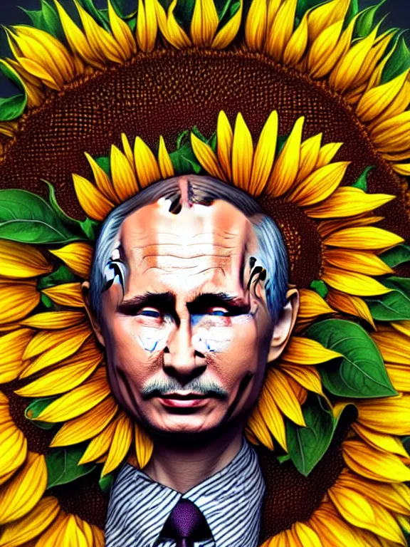 Image similar to digital art, centered full body of Putin smiling king, Sunflower crown, ,intricate, veins, by James Jean and by artgerm , by ross tran ultradetailed, charachter design, concept art, trending on artstation,