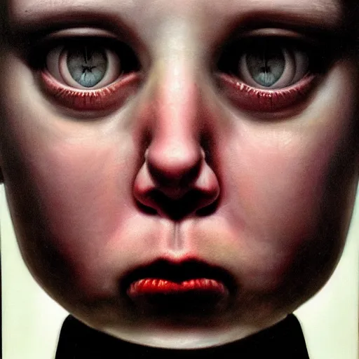 Image similar to high quality high detail painting by gottfried helnwein, hd, portrait of a psychopath, intense unsettling look in the eyes, photorealistic lighting