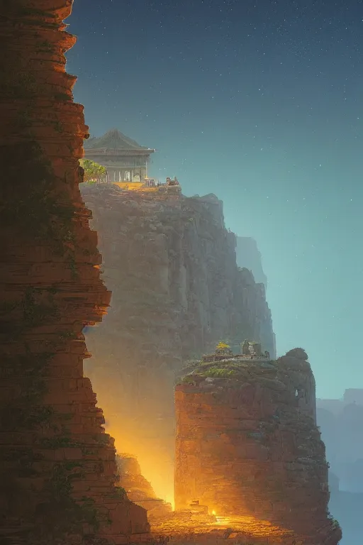 Prompt: ancient temple on a rocky cliff overlooking green canyon, shooting stars in the night sky, dramatic lighting, artstation, matte painting, ralph mcquarrie, simon stalenhag