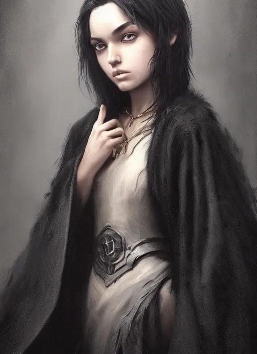 Image similar to a teenage girl with very short black hair and a huge cloak made of grey and black feathers. beautiful highly detailed face. beautiful painting by artgerm and greg rutkowski and raymond swanland