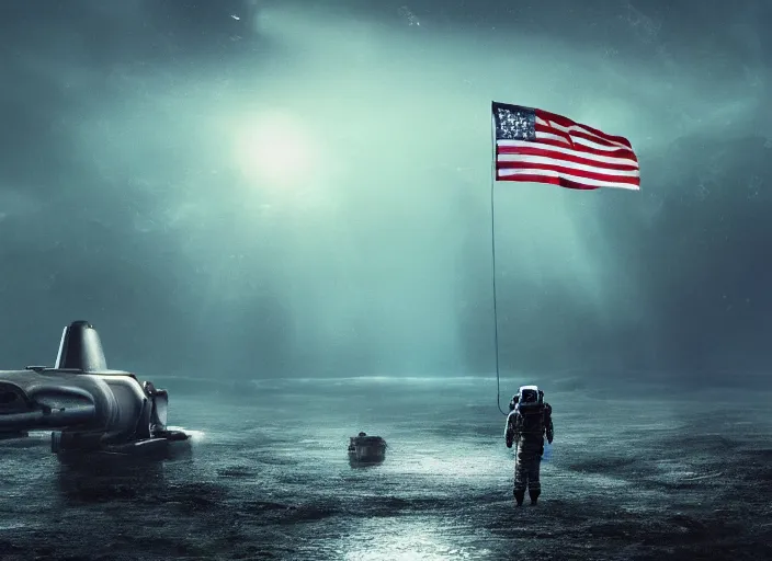 Image similar to astronaut holding a flag in an underwater desert. a submarine is visible in the distance. dark, concept art, cinematic, dramatic, atmospheric, 8 k, trending on artstation, blue, fish, low visibility, fog, ocean floor, christopher nolan, interstellar