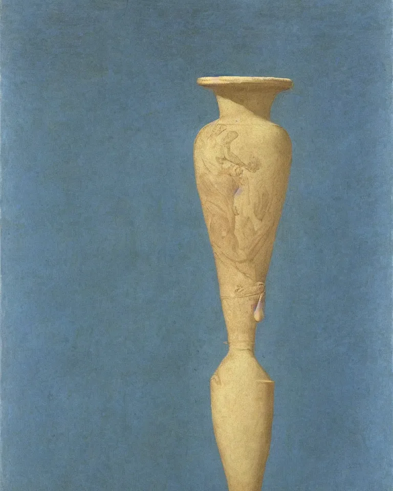 Image similar to achingly beautiful print of solitary painted ancient greek vase on baby blue background by rene magritte, monet, and turner. symmetrical.