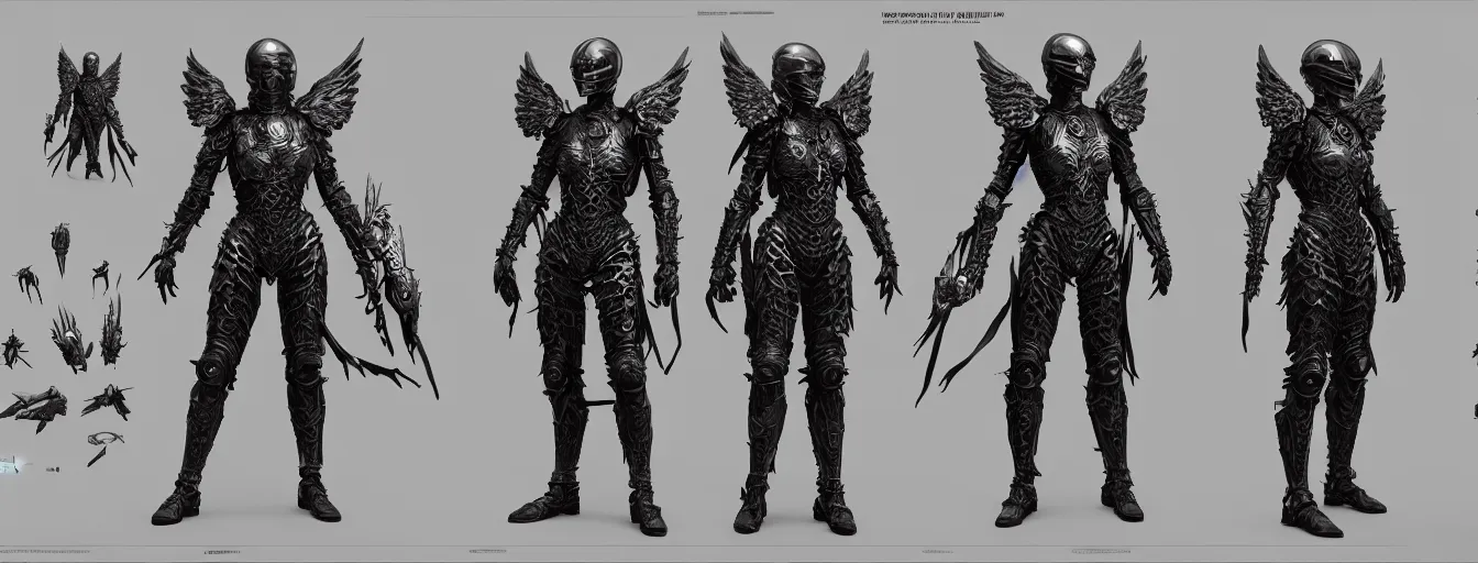 Image similar to winged hussar armor suit humanoid character sheet, elden ring themed dark sf, intricate artwork masterpiece, ominous, dramatic horror cinematic lighting, volumetric 8 k, by josan gonzalez, alexey egorov, kilian eng, trending on cgsociety, octane render, 8 k