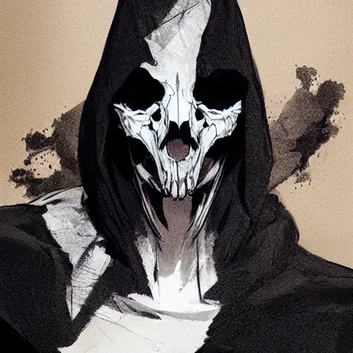 Prompt: full body portrait of a character wearing a black cloak, with a white mask in the shape of an animal skull, the mask covers her entire face, dramatic lighting, illustration by Greg rutkowski, yoji shinkawa, 4k, digital art, concept art, trending on artstation