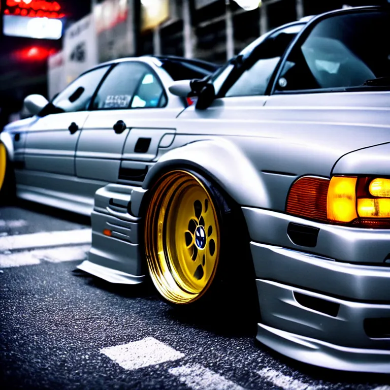 Image similar to close-up-photo BMW E36 turbo illegal night meet, work-wheels, Shibuya shibuya shibuya, roadside, cinematic color, photorealistic, deep dish wheels, highly detailed, custom headlights