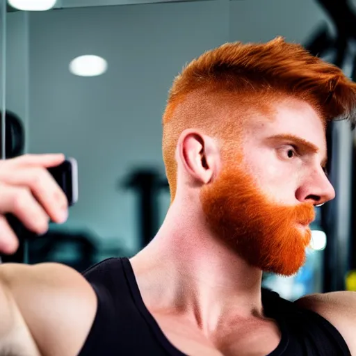 Prompt: 8 k insanely detailed high quality selfie photo of a ginger handsome gym bro making a kissy face at himself in the gym mirror, beautiful sexy handsome symmetrical face