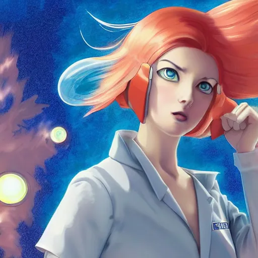 Image similar to British Pokemon original character with wild peach colored hair and heterochromia, Pixar style, beautiful woman, scientist, standing in a lab in front of a giant containment liquid filled tank, by Tristan Eaton Stanley Artgerm and Tom Bagshaw, Makoto Shinkai ilya kuvshinov and Wojtek Fus