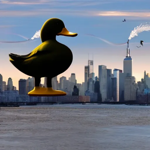 Prompt: A huge duck is destroying a New York with a nuclear explosion in the background