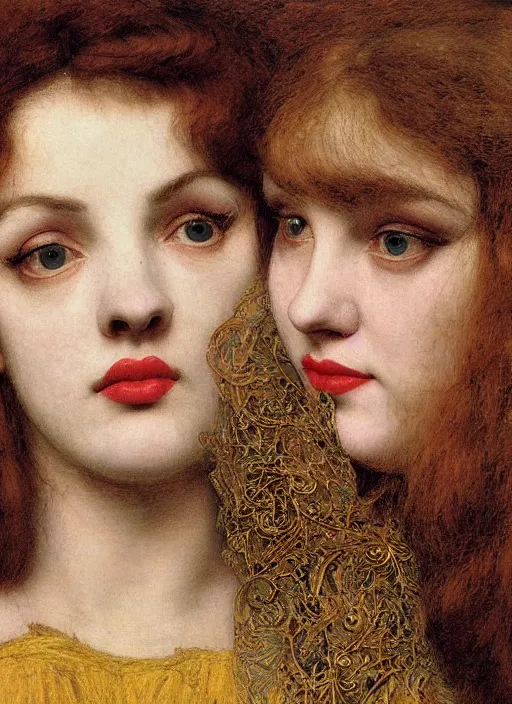 Prompt: masterpiece of intricately detailed preraphaelite photography portrait hybrid of judy garland and courtney love, aged 3 2, sat down in train aile, inside a beautiful underwater train to atlantis, woman with large lips big eyes large nose, straight fringe, medieval dress yellow ochre, by william morris ford madox brown william powell frith frederic leighton john william waterhouse hildebrandt