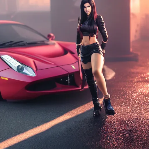 Image similar to Tifa Lockhart posing in front of a parked Ferrari, fog, rain, volumetric lighting, beautiful, golden hour, sharp focus, highly detailed, cgsociety