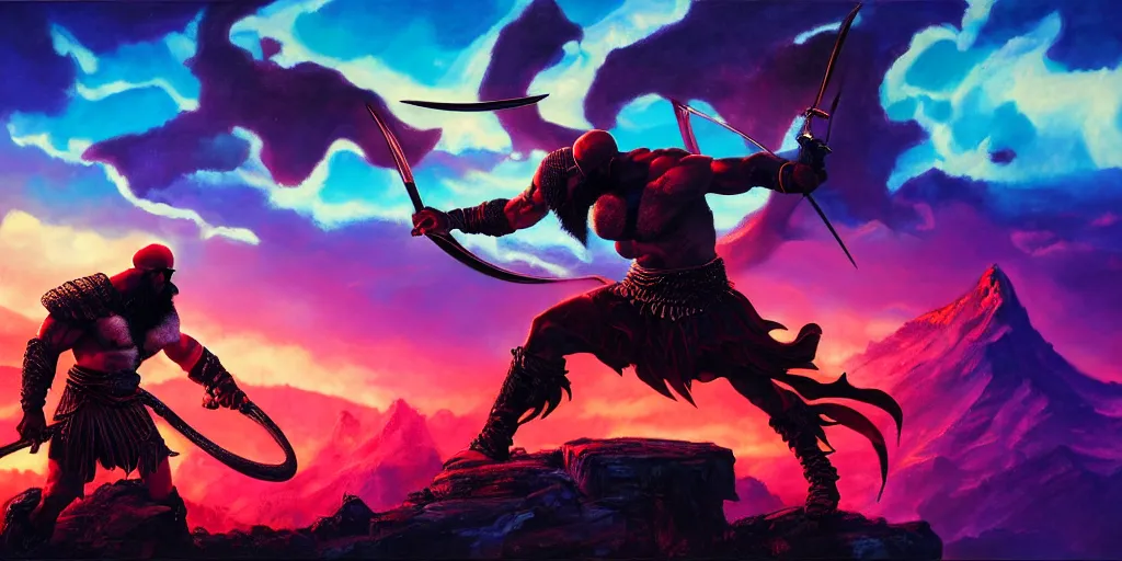 Image similar to 4k detailed painting of kratos with his blades fighting a dragon in a synthwave mountain landscape