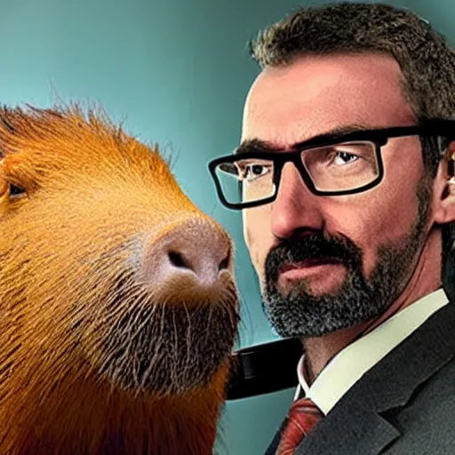 Image similar to a picture of gordon freeman, but his head is replaced with the head of a capybara