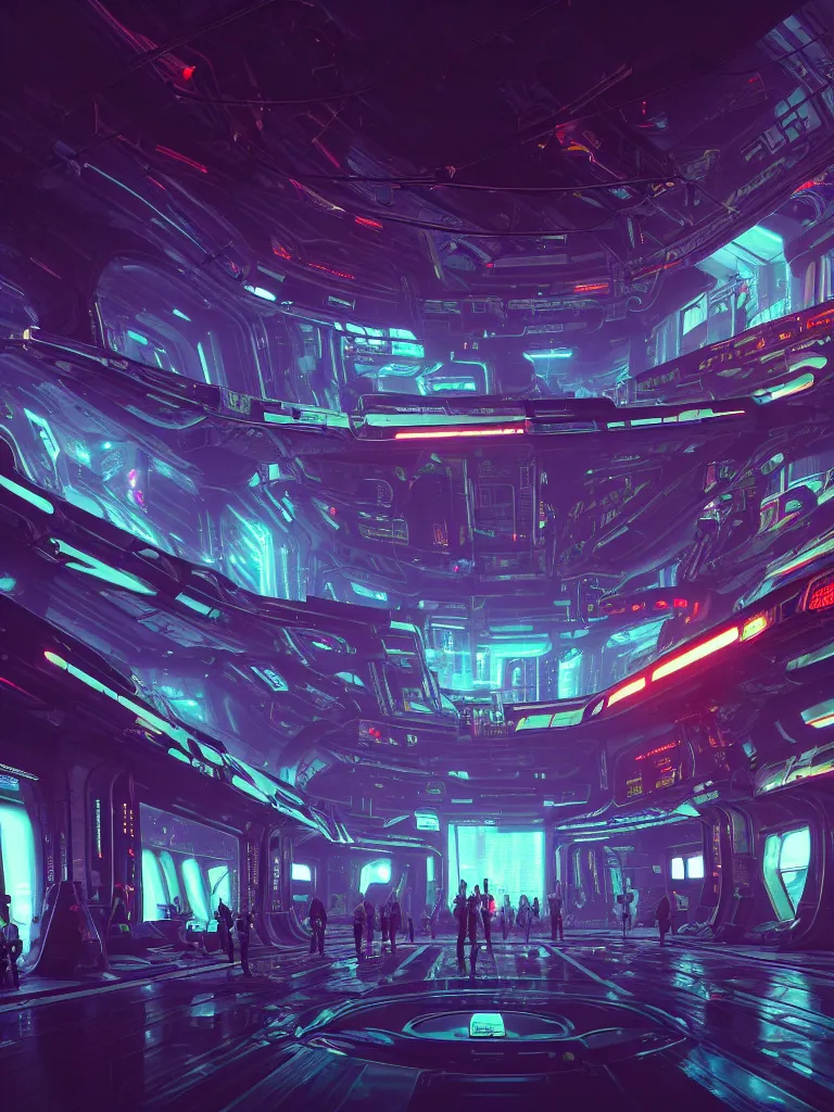 Image similar to the interior of a celestial spaceship cyberpunk hangar in a bioluminescent walls decorated beautifully, lots of cyberpunk design elements like humanoids and mecha robots, warm sunlight shining in, lots of cables and neon signs, concept art 8 k resolution, fantasy illustration, sharp focus, detailed painting, deep color, volumetric lighting, crepuscular rays