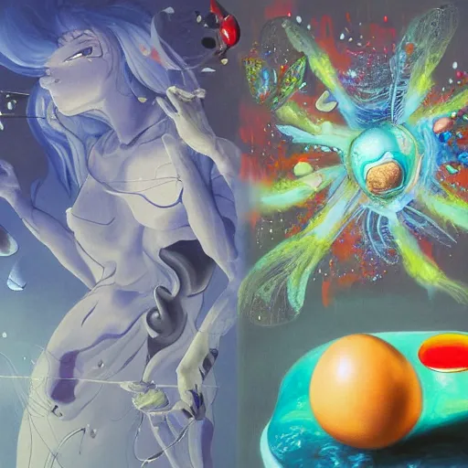 Image similar to surreal gouache painting, by yoshitaka amano, by ruan jia, by Conrad roset, by good smile company, detailed anime 3d render of big transparent resin stone in the center of the screen with a magical dragonfly inside. dragonfly inside an egg, egg on the mixer, Surrounded by a big DJ Mixer, Controller deck, portrait, cgsociety, artstation, rococo mechanical and Digital and electronic, dieselpunk atmosphere