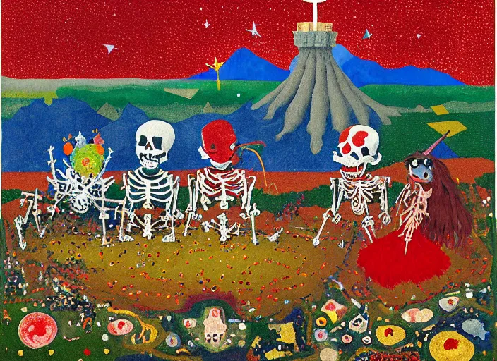 Image similar to pixel decollage painting tarot lovers card composition tower of babel road red armor maggot bear and wonky vampire clown knight on a skeleton horse in a dark red cloudy night sky with golden foil jewish stars and diamonds, mountain lake and blossoming field in background, painted by Mark Rothko, Helen Frankenthaler, Danny Fox and Hilma af Klint, pixelated, neo expressionism, semi naive, pastel colors, cinematic, color field painting, cave painting, voxel, pop art look, outsider art, minimalistic. Bill Traylor painting, part by Philip Guston, Amano and Francis Bacon. art by Adrian Ghenie and Storm Thorgerson, very coherent symmetrical artwork, cinematic, hyper realism, high detail, octane render, unreal engine, Smooth gradients, depth of field, full body character drawing, extremely detailed, 8k, extreme detail, intricate detail, masterpiece