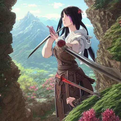 Image similar to the knight and the sword of rose petal, anime, castle core, mountains, rocky roads. by hayao miyazaki and rossdraws and artgerm and greg rutkowski and alphonse mucha and studio ghibli and ilya kuvshinov. high quality, stunning, intricate detailed environment. 8 k