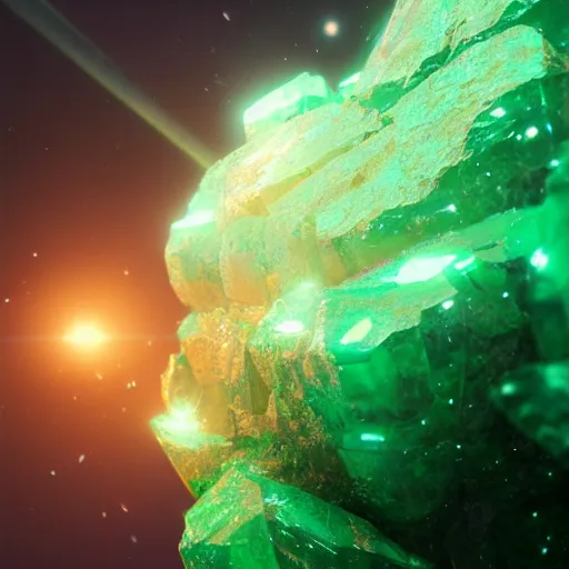 Image similar to Emerald crystals natural gemstone, optical caustic lighting, 8k, rendred in redshift, by Greg rutkowski, trading on artstation