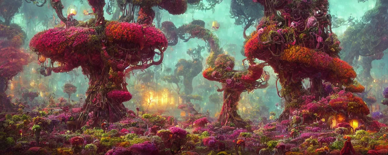 Image similar to ” whimsical world of flowers, trees, twisted roots and happiness, [ by paul lehr, cinematic, detailed, epic, widescreen, opening, establishing, mattepainting, photorealistic, realistic textures, octane render ] ”