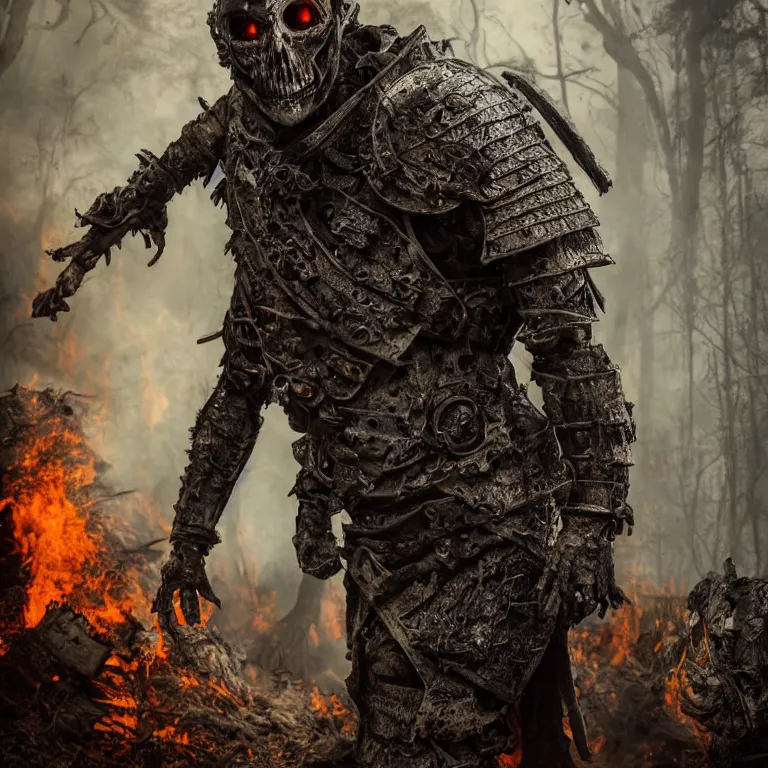 Image similar to undead armoured man in burned forest full of smoke, fantasy style, highly detailed, smooth, sharp focus, character portrait, portrait, concept art, intricate details, medieval poster, dark athmosphere, 8 k. lifelike. nikon d 8 5 0