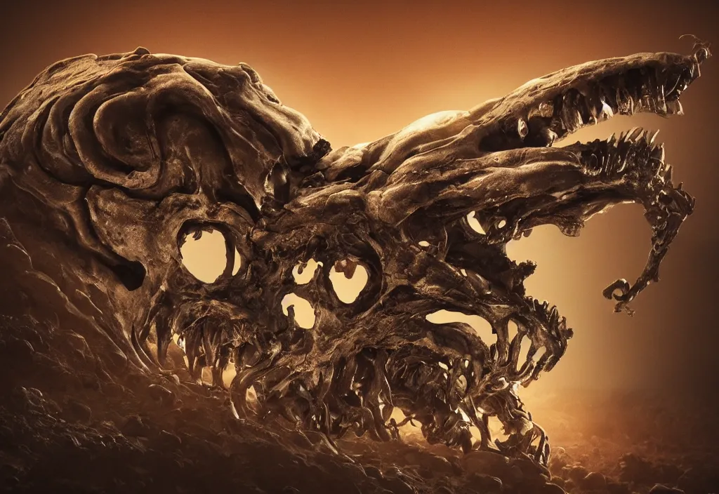 Image similar to eldritch animal alien skull in a dessert in mars, photorealistic, film, cinematic lighting, octane tender, volumetric light, dark - art