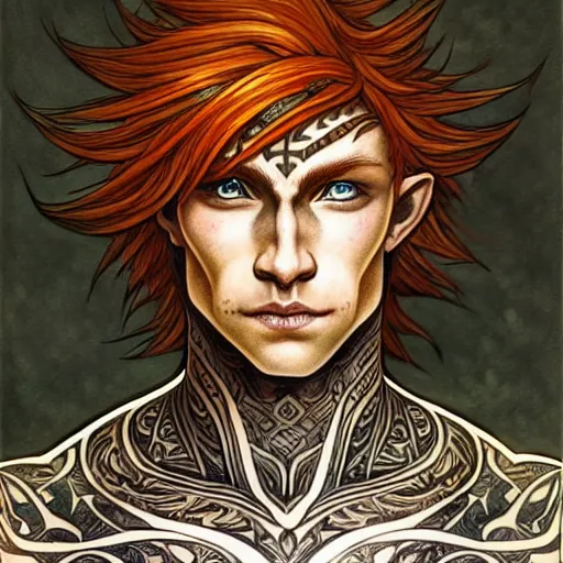 Image similar to portrait painting of an elven young man with short ginger hair and tribal tattoos wearing light armor, sharp focus, award - winning, trending on artstation, masterpiece, highly detailed, intricate. art by rebecca guay