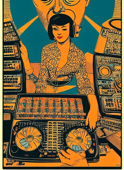 Prompt: A beat producer, screen print, art by Chuck Sperry, vintage 1960s print, minamilst