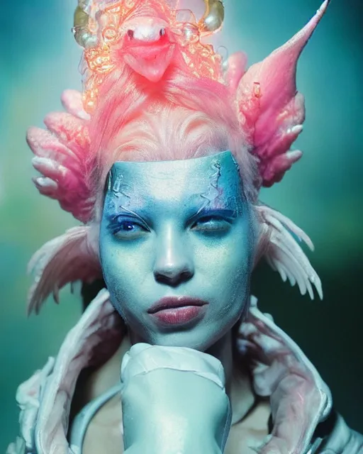 Prompt: natural light, soft focus portrait of a cyberpunk anthropomorphic angler fish with soft synthetic pink skin, blue bioluminescent plastics, smooth shiny metal, elaborate ornate head piece, piercings, skin textures, by annie leibovitz, paul lehr