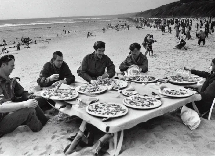 Image similar to vintage photo of a pizza party on omaha beach in normandy