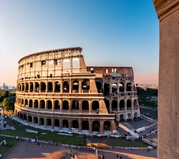 Prompt: A full shot of the roman colosseum designed by zaha hadid, overhead view, golden hour, 4K Photograph