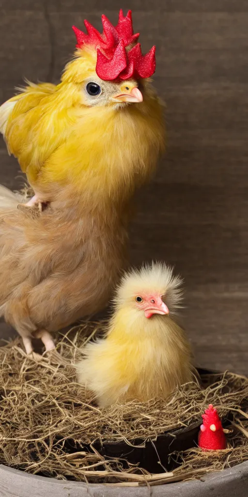 Prompt: a small yellow fuzzy newly hatched Chick with her miniature birthday cake in a barnyard with a Rhode island red rooster watching, highly detailed, dlsr