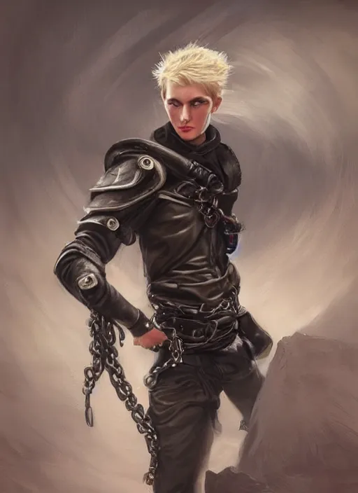 Image similar to a blonde boy thief with a metal armband in the style of eve ventrue