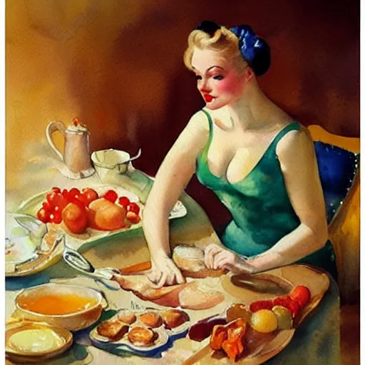 Prompt: blonde woman making breakfast abstract watercolor painting by gil elvgren and vladimir volegov and picasso