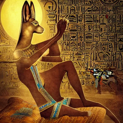 Image similar to anubis, egyptian art, lying in bed, with eyes closed, sparkles all around, fantasy digital art, wow, stunning, hight quality