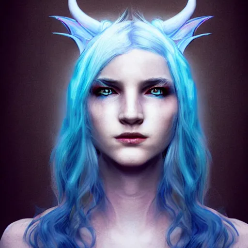 Prompt: The dragon girl portrait, portrait of young girl half dragon half human, dragon girl, dragon skin, dragon eyes, dragon crown, blue hair, long hair, highly detailed, cinematic lighting, digital painting by David Lynch