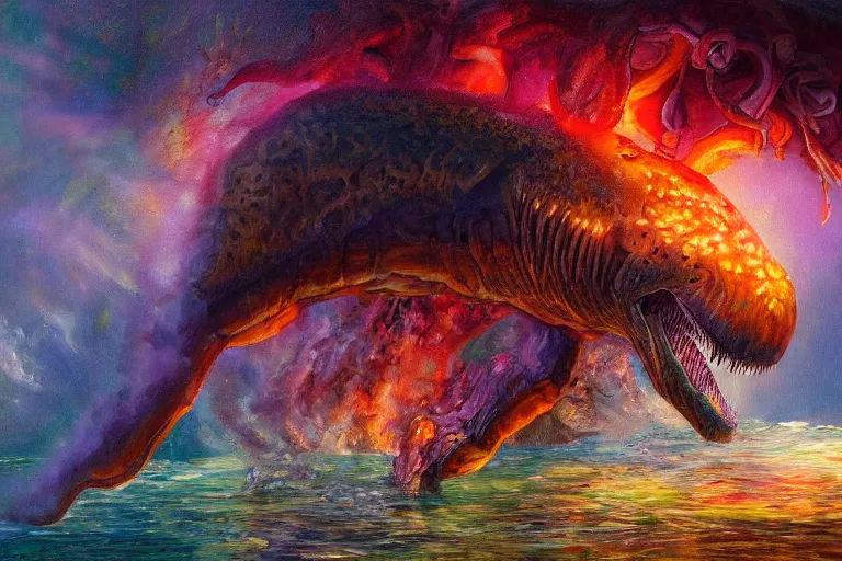 Image similar to highly detailed oil painting of a! tyrannosaurus ( ( mushroom ) ) in a steaming colorful hotspring, featured on artstation