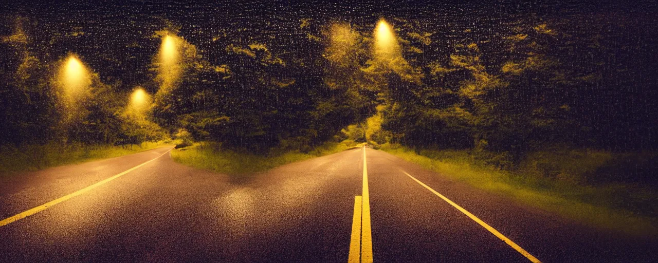 Image similar to at night, it is raining in the sky, a large road extends into the distance, the leaves on both sides of the road are yellowed by the street lights, tranquility, film texture, super fine, 8 k