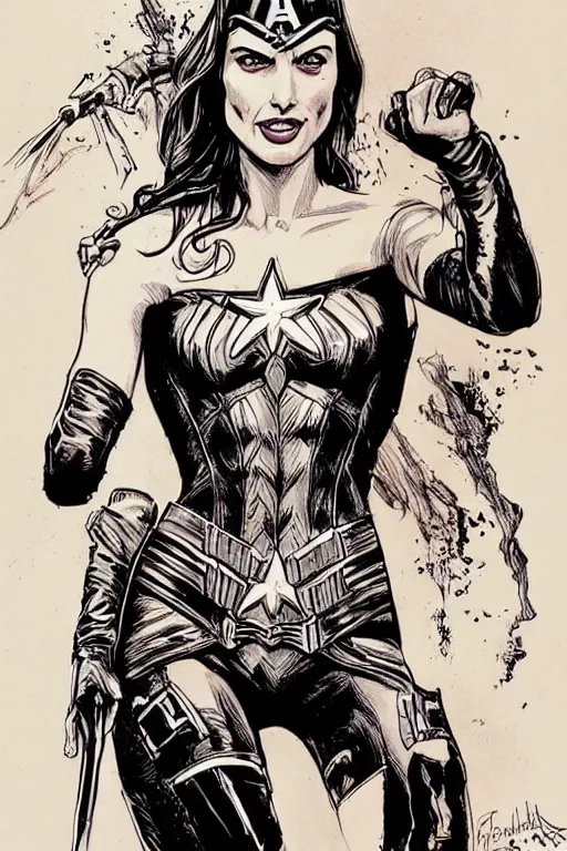 Image similar to beautiful portrait commission of a beautiful Gal Gadot as captain america in a vintage gothic style. character design by ralph steadman, detailed, inked, western comic book art